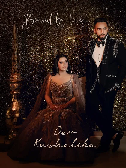 A powerful couple portrait that exudes glamour and confidence. The dark, sparkly background and their coordinated formal wear create a high-fashion, editorial feel for this engagement shoot.