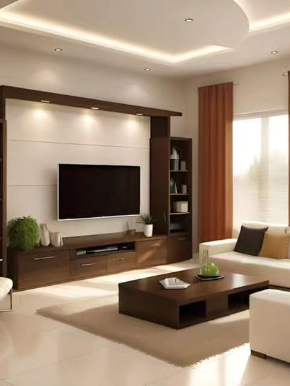 A classic and comfortable living room design with a dark wood entertainment center that includes bookshelf towers. The neutral-toned sofas and ample natural light create a warm and inviting family space.
