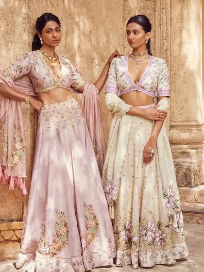 This image from a Wedding Asia campaign showcases two models in complementary pastel lehengas. My styling focused on creating a harmonious look that highlights individual designs while telling a cohesive story of summer bridal elegance.