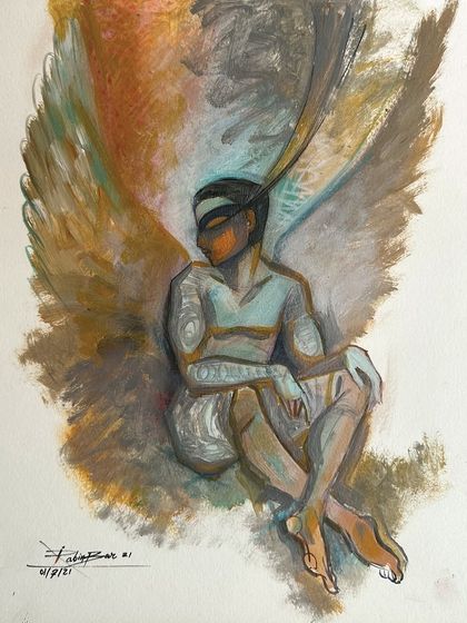 An untitled acrylic on paper painting of a seated angel, created with a mix of warm and cool colors.