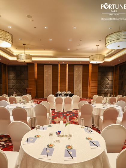 This image shows my banquet hall configured for a corporate off-site or training session. The round-table arrangement encourages collaboration, and the professional setup ensures your team has everything they need for a successful event.