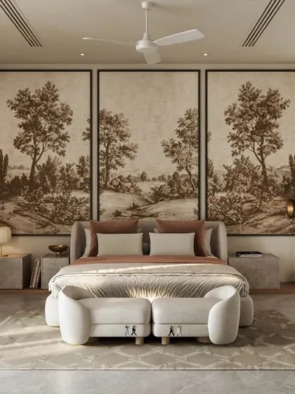 This bedroom achieves a grand yet serene feel with a triptych of landscape wallpaper panels behind the bed. The neutral palette of beige, cream, and earth tones creates a timeless backdrop that is both sophisticated and calming.