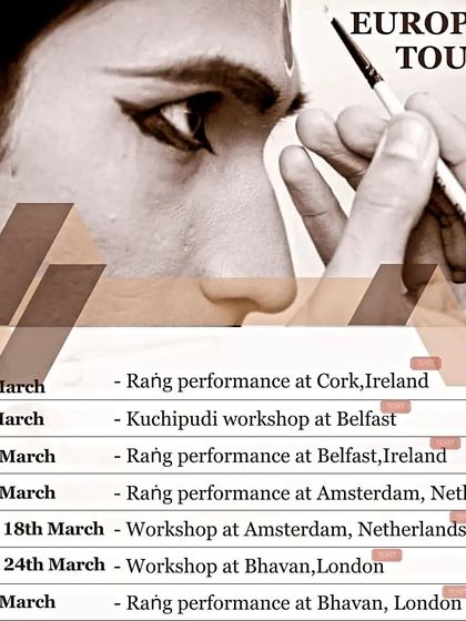 The official tour schedule for my 2024 Europe Tour, where I presented my solo work 'Raṅg' and conducted workshops across four cities.