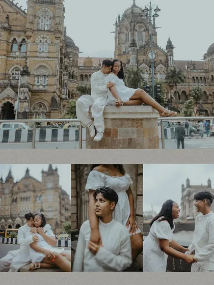A collage showcasing the couple's love story against the iconic architecture of Mumbai's Chhatrapati Shivaji Maharaj Terminus (CSMT) station.