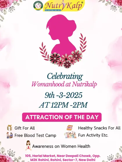 An invitation to our "Celebrating Womanhood" event, which included a free blood test camp, healthy snacks, and fun activities to raise awareness about women's health.