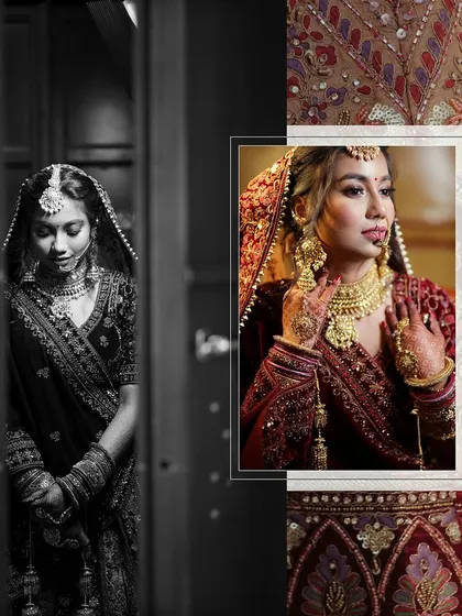 A stylish collage contrasting a black and white bridal portrait with a close-up of her intricate gold jewelry.