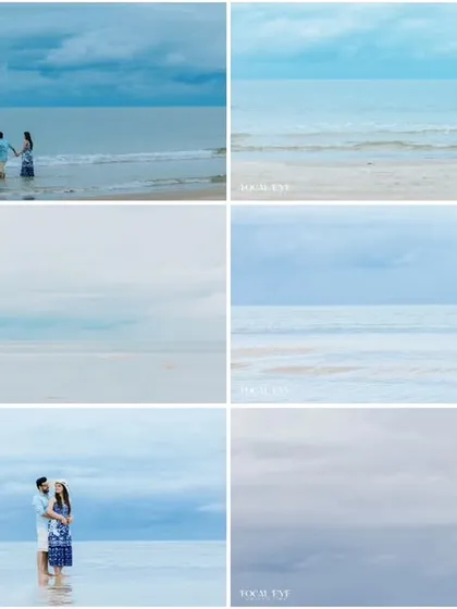 A collage showcasing various moments from a single beach pre-wedding shoot. It displays a range of poses, from walking in the water to relaxing on the sand, all tied together by a cool blue color palette.
