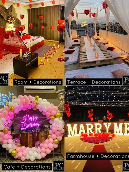 My services extend beyond weddings to creating intimate, romantic moments. This shows the variety of surprise decorations I can arrange, from a cozy room or terrace setup to a grand proposal at a farmhouse or cafe.