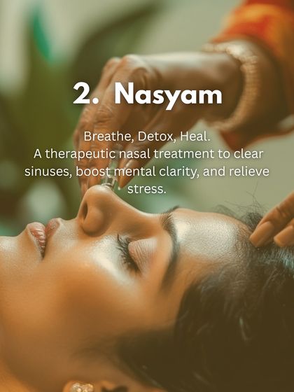 Nasyam is a cornerstone of our stress-relief treatments. This graphic illustrates the focus of this therapeutic nasal treatment, which is designed to clear the sinuses, boost mental clarity, and provide profound relief from stress and tension.