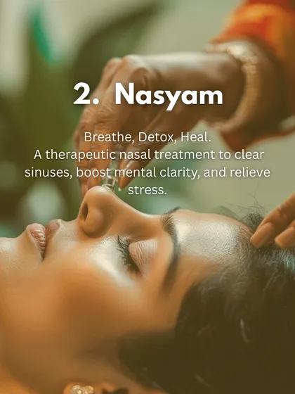 Nasyam is a therapeutic nasal treatment designed to help you breathe, detox, and heal. It's highly effective for clearing sinuses, boosting mental clarity, and relieving stress.