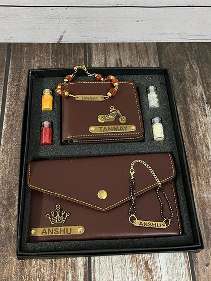 The bhai-bhabhi wallet and rakhi combo shown in a rich brown leather finish.