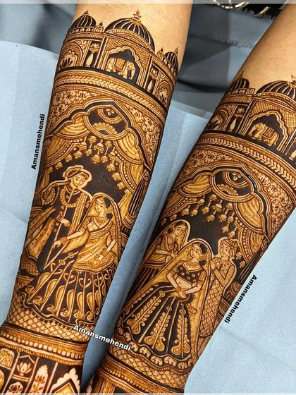 A detailed view of the forearm portion of a bridal design. This section features portraits of the bride with her parents and the couple together, framed by intricate palace architecture.