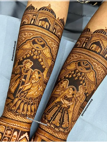 A detailed view of the forearm portion of a bridal design. This section features portraits of the bride with her parents and the couple together, framed by intricate palace architecture.