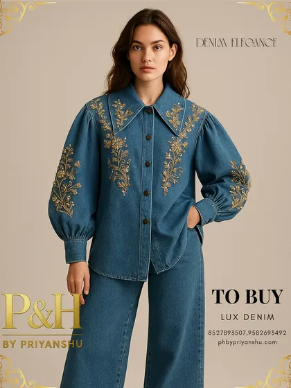 I believe luxury should extend to everyday wear. This look features a model in an azure blue oversized denim shirt with voluminous sleeves and delicate gold floral embroidery, paired with matching wide-leg jeans for an elevated, artistic take on casual couture.