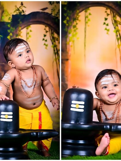 A collage of a baby boy dressed as a Shiva devotee, showing both a serious and a smiling pose.