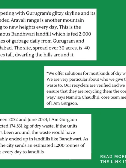 An excerpt from our feature in Civil Society Magazine, highlighting how our verified recycling process has diverted over 174,831 kg of dry waste from the infamous Bandhwari landfill.