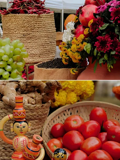 Details from the spice cart, showing fresh grapes and tomatoes alongside a traditional Channapatna doll. This blend of edible and decorative elements created a unique and interactive installation.
