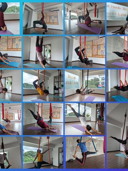 A collage showcasing the variety of poses and the fun we have during our aerial yoga weekends.