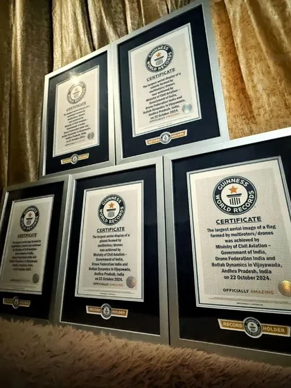 A closer look at the five Guinness World Record certificates we earned. Each one represents a specific record, from the largest aerial vehicle display to the largest aerial image of a flag.
