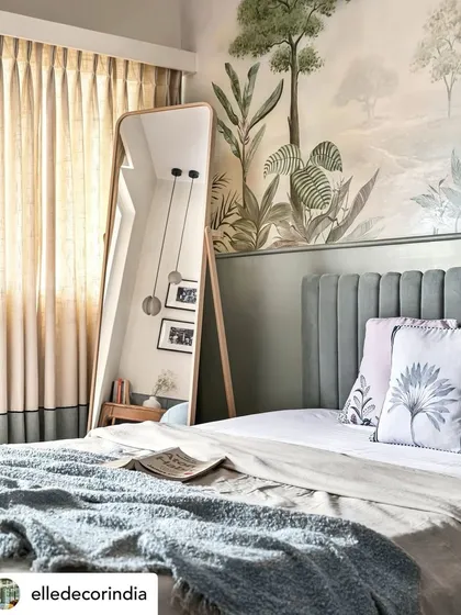 My 'Enchanted Forest' mural featured in Elle Decor India. The artwork provides a soft, magical backdrop to the bedroom, blending seamlessly with the Scandinavian and Japandi design themes.