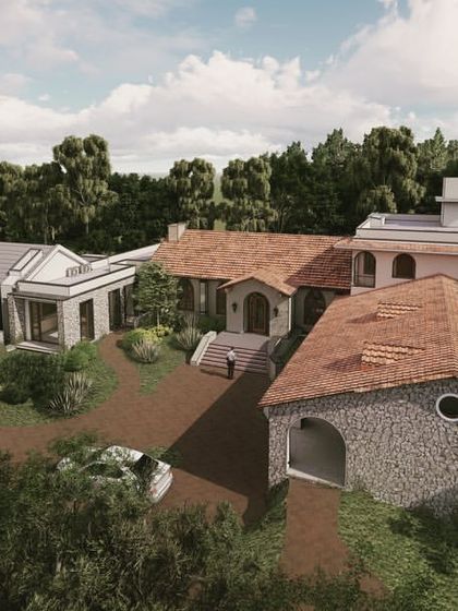An aerial render of "The Abbey House," showing how the different parts of the home are nestled into the landscape, creating a cohesive yet varied architectural composition.