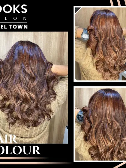 A collage of a client's hair color transformation, showing multiple angles of her new reddish-brown highlights and curls.