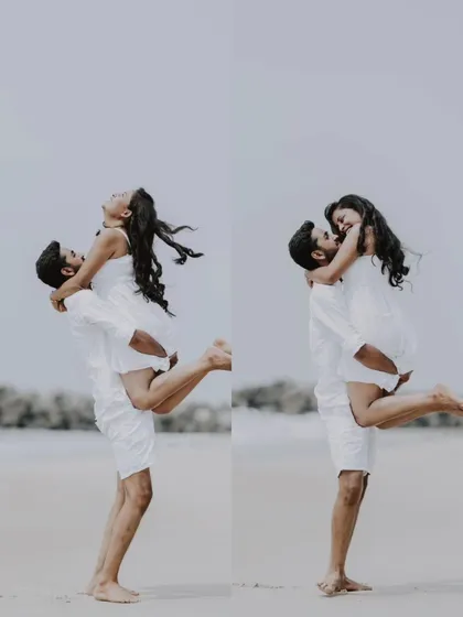 A collage of a couple's romantic and playful moments on the beach, captured in beautiful, dynamic poses.
