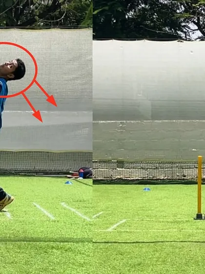 Here is a clear example of my video analysis process. On the left, you can see the bowler's body and head collapsing at release. After two months of off-season work on action reconstruction, the 'after' shot shows an upright, strong, and perfectly aligned body position.