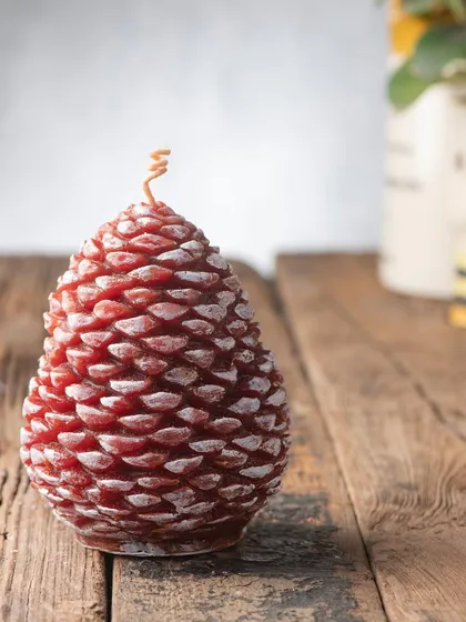 This large, red pinecone candle has a touch of white frost, making it look like it was just brought in from a snowy forest.