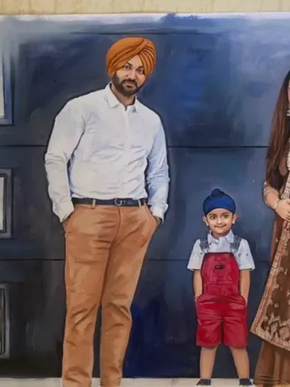 A full-length family oil portrait for a client in Canada. Capturing the dynamic of the family, from the parents' proud stance to the child's playful energy, was the goal here.