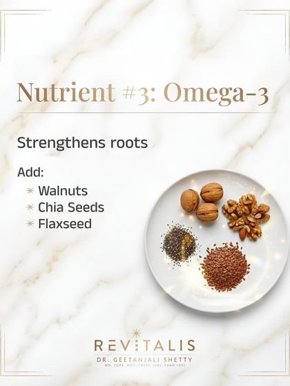Nutrient number three is Omega-3 fatty acids. These healthy fats are crucial for nourishing the scalp and strengthening hair roots. Walnuts, chia seeds, and flaxseeds are excellent vegetarian sources to add to your diet.