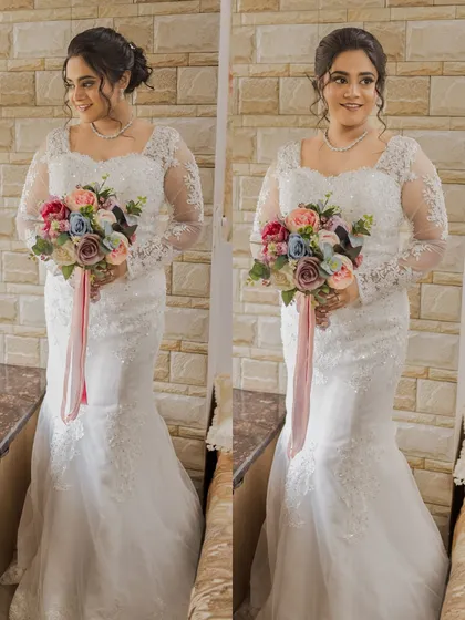 Two full-length shots of Steffi, holding her colorful bouquet. She looks absolutely stunning and ready to walk down the aisle.