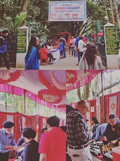 A collage from our time at the Decora Bazaar. The top shows the entrance, and the bottom shows our stall bustling with interested customers.