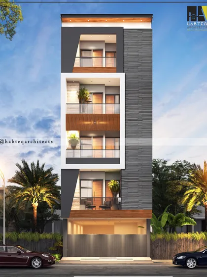 An elevation concept for a West Delhi residence, featuring a strong contrast between dark, textured vertical panels and clean, white-framed balconies. This design creates a bold, contemporary statement.