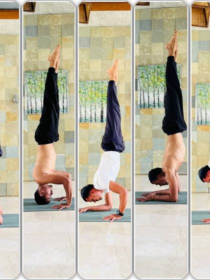A collage showing my inversion progress, from a supported headstand to a tripod headstand, a forearm stand, and finally a handstand. Each one is a step up in the journey of balancing on my hands.