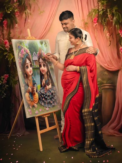 A heartwarming couple's version of the painter concept, where both partners are creating a beautiful image of Radha and Krishna together.