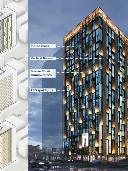 A detailed breakdown of the facade for the One Crystal tower in Mumbai. The design uses a combination of tinted glass, vertical panels, and bronze-finish aluminum fins with integrated LED spotlights to create a lantern effect at night, making the building a true landmark.