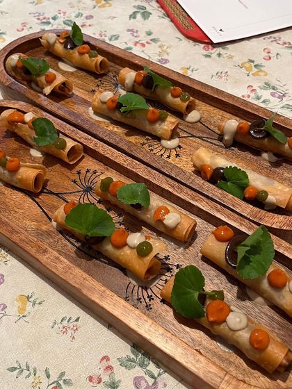 A tray of savory cannoli-style canapés, showcasing another creative way I like to present opening bites.