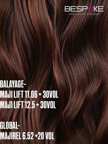 The formula for our Cherry-tinted brunette look. We use Majilift and Majirel to create the perfect blend of brown and red tones for a vibrant yet elegant result.