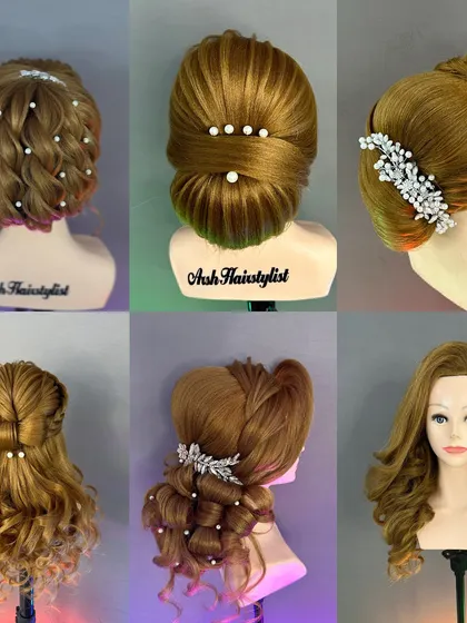 A collage of various hairstyles taught in my classes, from buns to open styles.