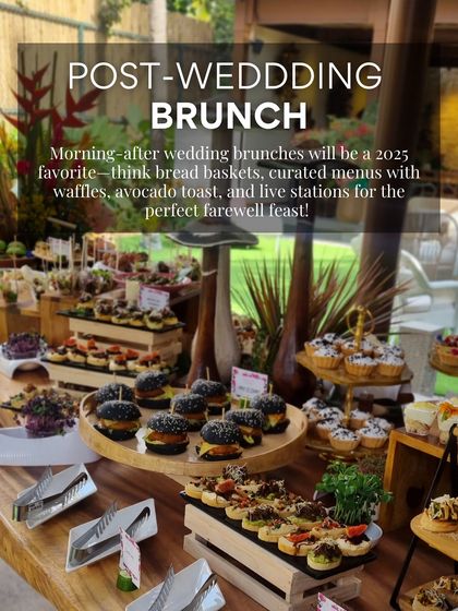 A graphic highlighting the trend of post-wedding brunches. We create the perfect farewell feast with bread baskets, waffles, avocado toast, and live stations to give your guests a memorable send-off.