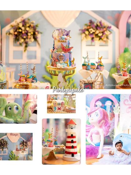 This collage showcases the intricate details of the mermaid party, from the stunning cake and themed desserts to the adorable octopus and lighthouse props.