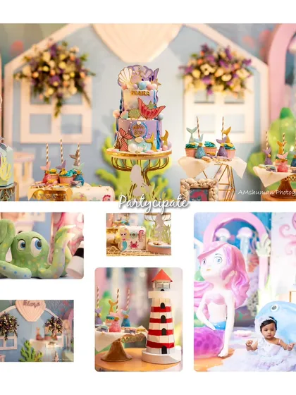 This collage showcases the intricate details of the mermaid party, from the stunning cake and themed desserts to the adorable octopus and lighthouse props.