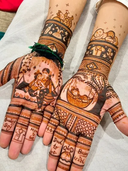 I also offer special mehandi for baby showers (godh bharai). This custom design includes cute motifs like a mother holding her baby, a baby in a cradle, and "Mom to be" text, making the celebration even more memorable.