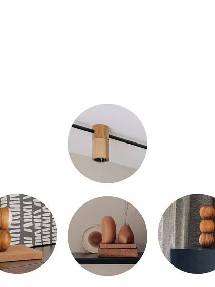 Details, details, details. This image collage shows a custom wooden jacket light we designed for the ceiling, along with curated curios. These small objects, chosen for their form, add dimension and become points of curiosity, layering the space with interest.