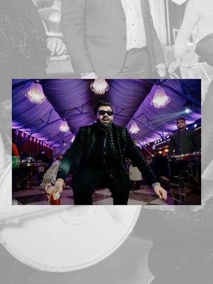 The groom, Saurav, owning the dance floor in his custom black-on-black embellished outfit. It's stylish, comfortable, and perfect for a night of celebration.