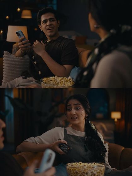 Another moment from the Prime Video ad, highlighting the relaxed and authentic styling for the actors, making the scene feel like a real conversation between friends.