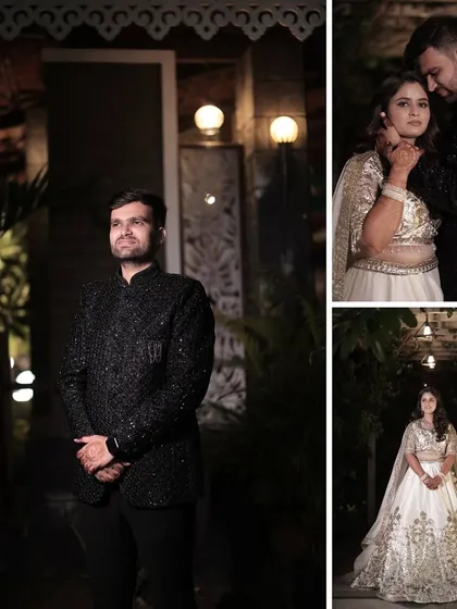 A collage showcasing the couple's stunning Sangeet look. We help coordinate everything from outfits to photography for a cohesive feel.