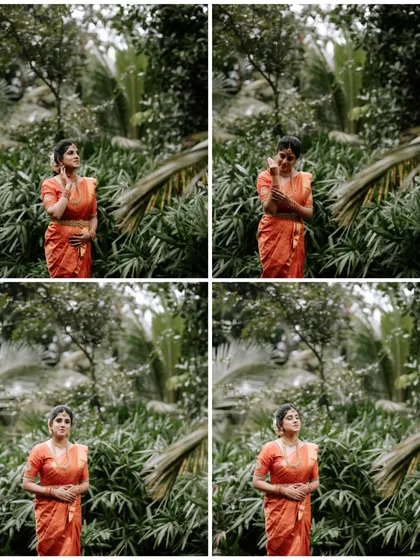 A collage of the bride in a beautiful orange saree, surrounded by nature. Her calm and happy poses reflect a sense of peace and contentment.