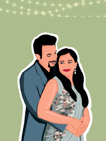 A perfect digital memento for couples, ideal for an anniversary or birthday gift. This piece features custom string lights in the background to add a warm, celebratory feel to the portrait illustration.